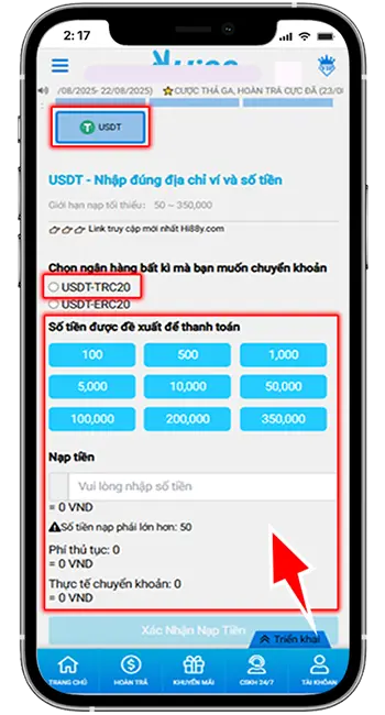 Bước 2: Chọn cổng nạp USDT → chọn mạng lưới (TRC20 - ERC20) → điền số tiền bạn muốn nạp → Xác nhận nạp tiền. 